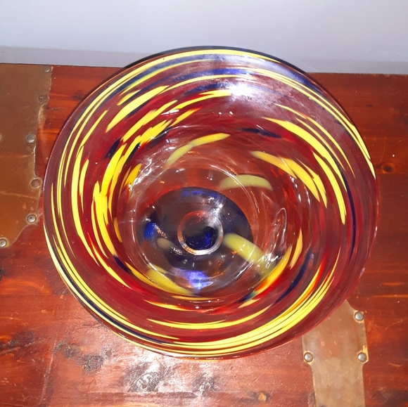 Colorful Swirl Pattern Glass Art Pedestal Bowl Decor - Picture 2 of 3